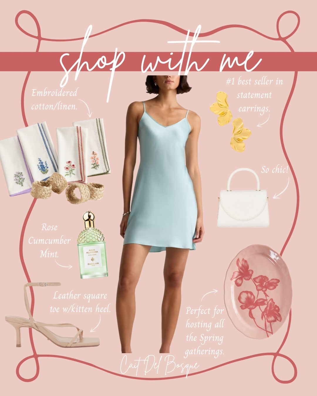 Hosting at home this spring? This curation has everything you need to look chic + set the perfect table. The outfit includes a mint mini slip dress paired with strappy leather square-toe kitten heels, gold floral statement earrings, + a white leather mini bag—effortless + elevated for any spring gathering or a date night out. To complement the look, I’ve added beautiful embroidered floral napkins, woven napkin rings, and a stoneware floral platter that’s perfect for serving up brunch, birthday treats, or a cozy dinner party spread. It's the perfect blend of fashion + function for all your spring events!

spring outfit inspo, brunch outfit, spring dinner party, spring hosting, spring dress, spring tablescape, spring serveware, birthday outfit, spring fashion finds, entertaining essentials, slip dress outfit, slip dress, date night outfit, date night, dinner party, dinner date, brunch date, hostess, host, home, spring fashion, spring 2025, heels, kitten heels, statement earrings, jewelry, purse, handbag, florals, flowers, dainty, serveware, dinner set, table setting, dining, kitchen, dining room, mini dress, pottery barn, quince, revolve, h&m, amazon, Nordstrom, Anthropologie

#LTKSeasonal #LTKStyleTip #LTKHome