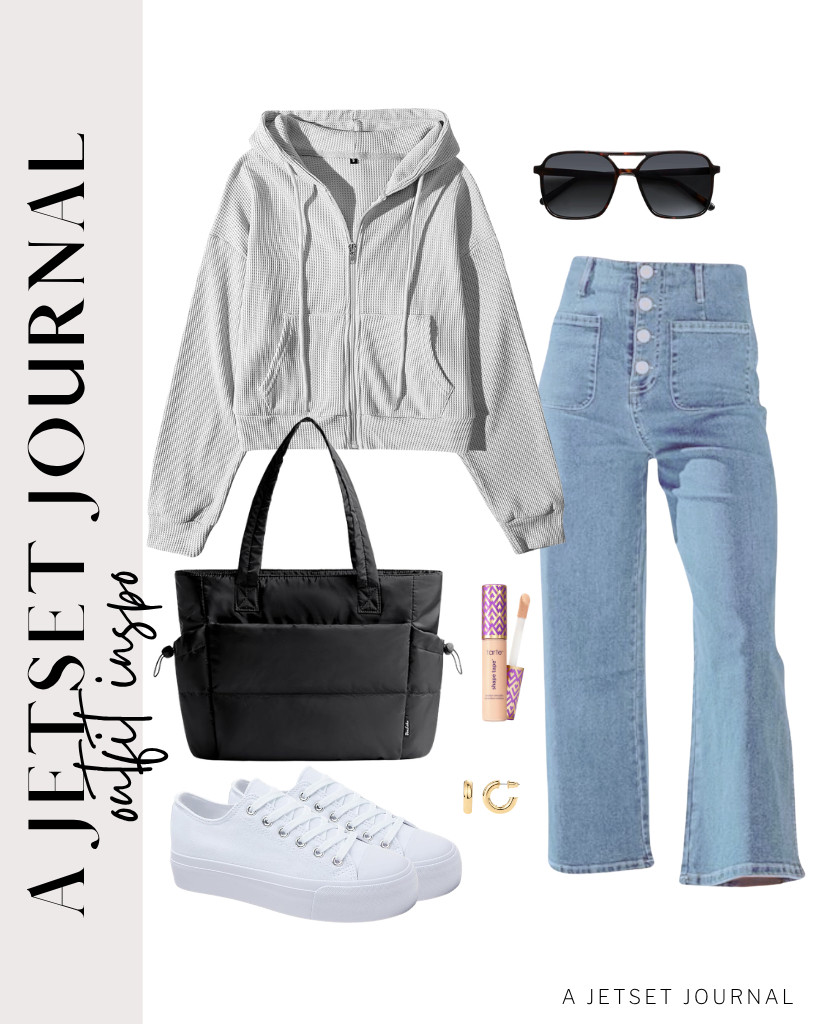Wearing a gray cropped hoodie is a stylish top for these jeans from Sidefeel. For your footwear, step into these fashion sneakers from hash bubbie. This quilted puffer tote bag is perfect for this outfit, too.


#LTKSeasonal #LTKSaleAlert #LTKTravel 

 