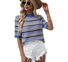 Angashion Women's Striped Knitted Shirt Beachwear Casual Half Sleeve Soft Lightweight Crewneck Se... | Amazon (US)