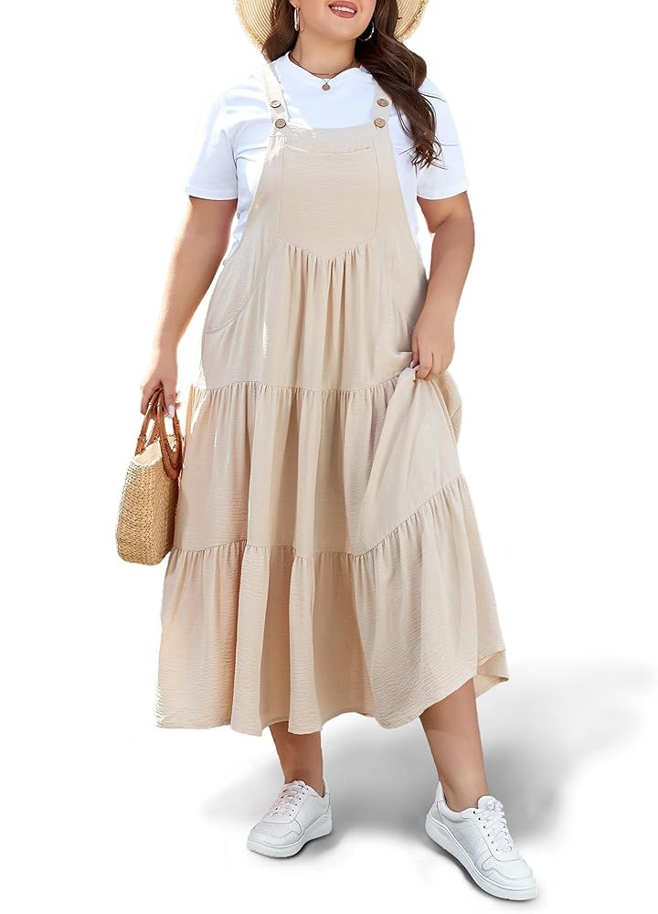 Moon Wood Plus Size Bib Overall Dress for Women Jumper Dress with Pockets Summer Casual Suspender... | Amazon (US)