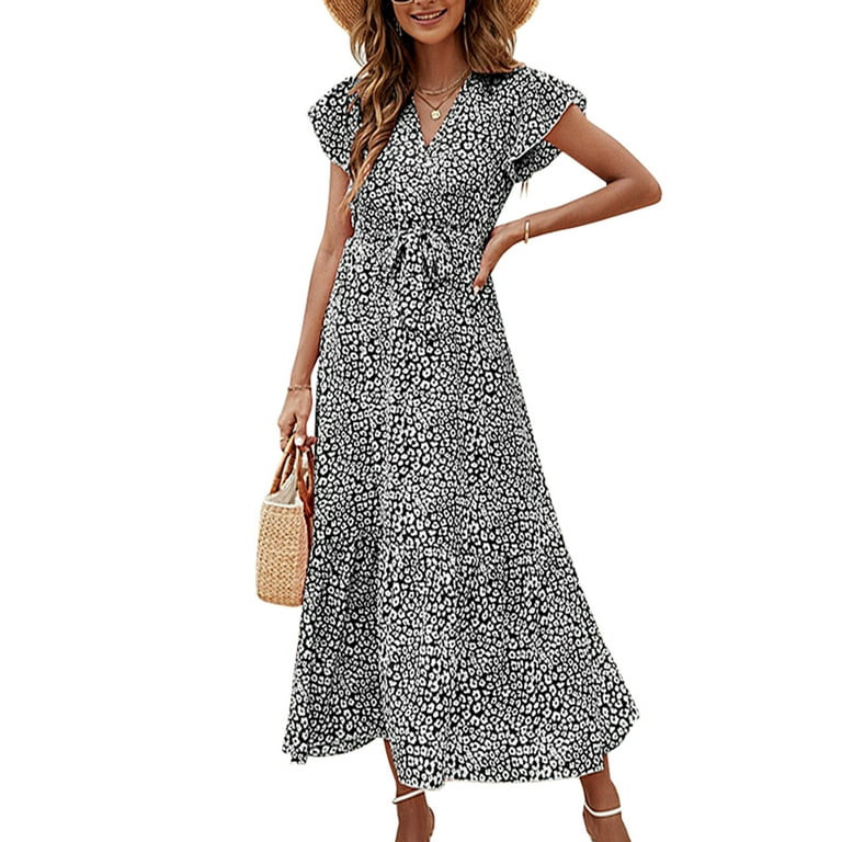 Fantaslook Floral Summer Womens Dress V Neck Ruffle Sleeve A-Line Bohemian Maxi Dress with Belted | Walmart (US)