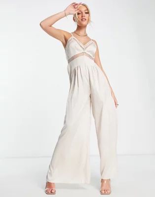 Lost Ink wide leg satin lace insert jumpsuit in champagne | ASOS (Global)