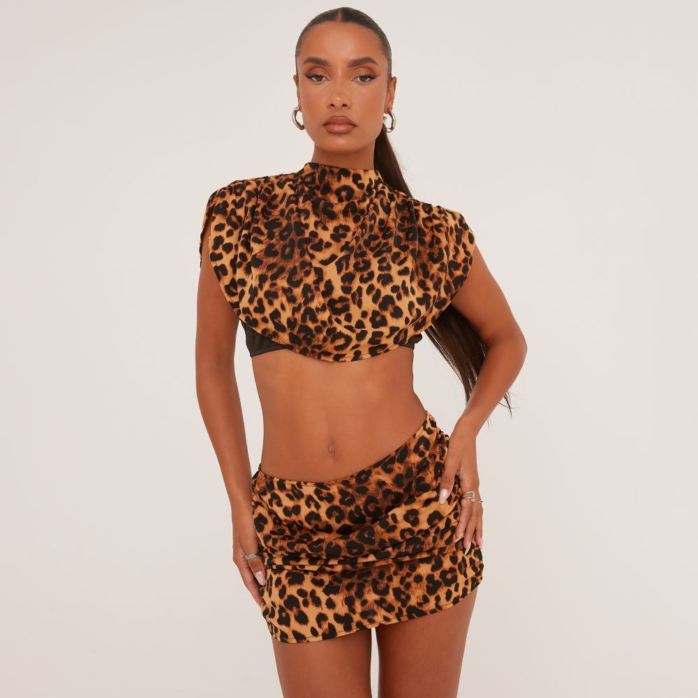 High Neck Shoulder Pad Crop Top In Brown Leopard Print | EGO (UK)