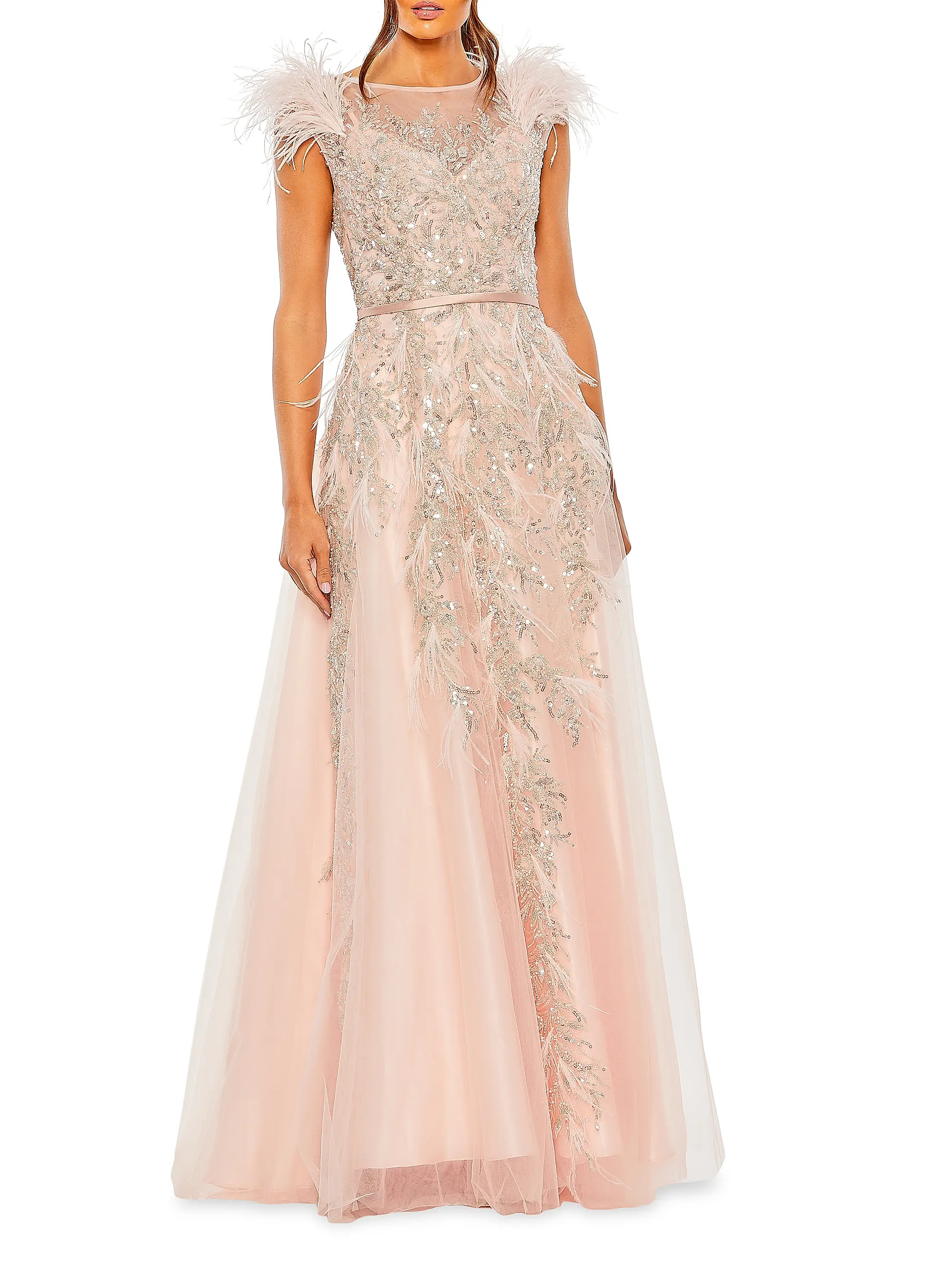 Mac Duggal Beaded Feather-Trim Gown | Saks Fifth Avenue | Saks Fifth Avenue