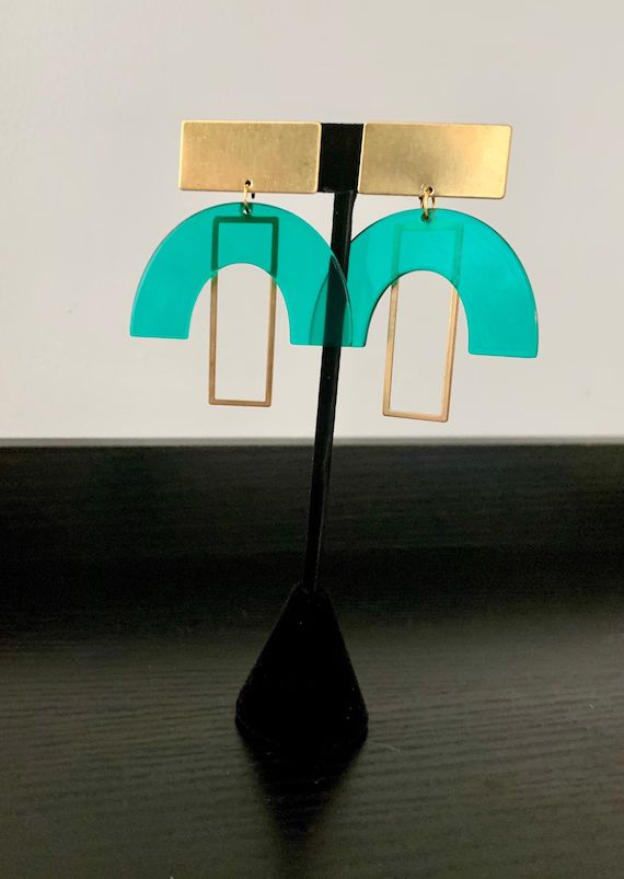 Non Pierced Green Clip on Gold Brass Turquoise Semi Circle Rectangle Boho Minimalist Casual Uniqu... | Etsy (US)