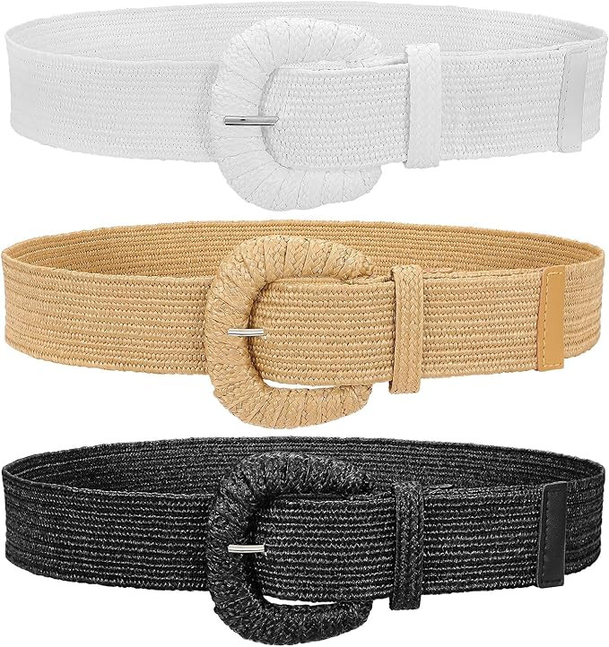 WHIPPY Set of 3 Straw Woven Elastic Belt for Women Stretchy Belts for Dress Fashion Boho Belt Rat... | Amazon (CA)
