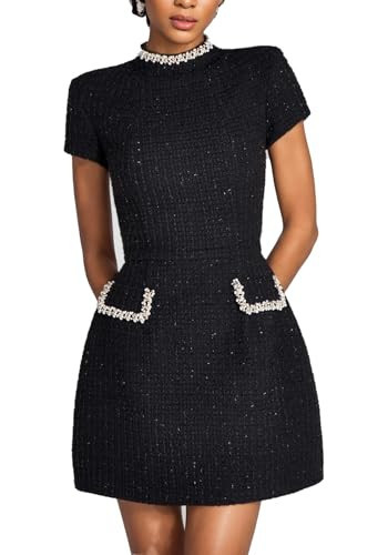 Unybwonn Tweed Dress Woman Short Sleeve Mock Neck Rhinestone Bling Mini Dress Party Clubwear Bedazzled Dresses Black | Amazon (US)
