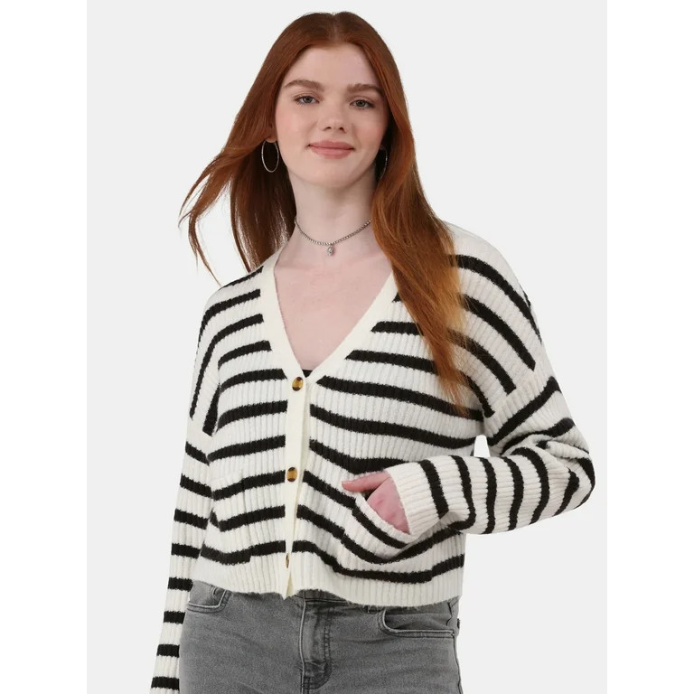 No Boundaries Button Front Ribbed Cardigan Sweater, Midweight, Women’s - Walmart.com | Walmart (US)