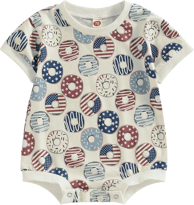 Omkzanbi 4th of July Unisex Baby Outfit USA Groovy Floral Bubble Romper Donuts Print Jumpsuit One... | Amazon (US)