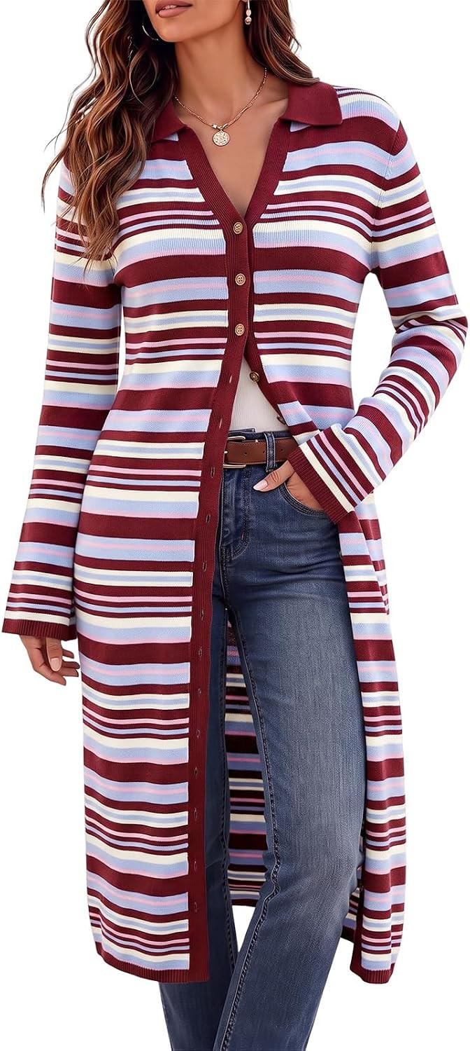 Wenrine Womens Long Cardigan Sweater Dress Striped Button Down Midi Dresses | Amazon (US)