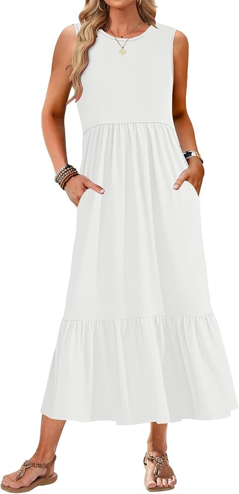 AUSELILY Womens Summer Dresses 2025 Sleeveless Maxi Dress Crewneck Casual Flowy Tiered Sundresses... | Amazon (US)