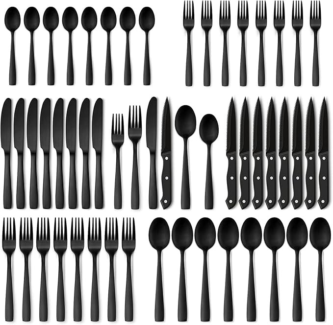 Hiware 48-Piece Matte Black Silverware Set with Steak Knives, Black Flatware Set for 8, Stainless... | Amazon (US)