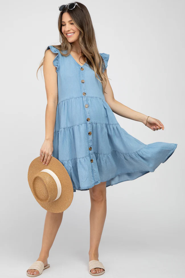 Light Blue Chambray Tiered Button Accent Maternity Dress | PinkBlush Maternity