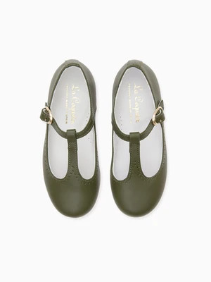 Bottle Green Leather Girl T-Bar Shoes | La Coqueta (US)
