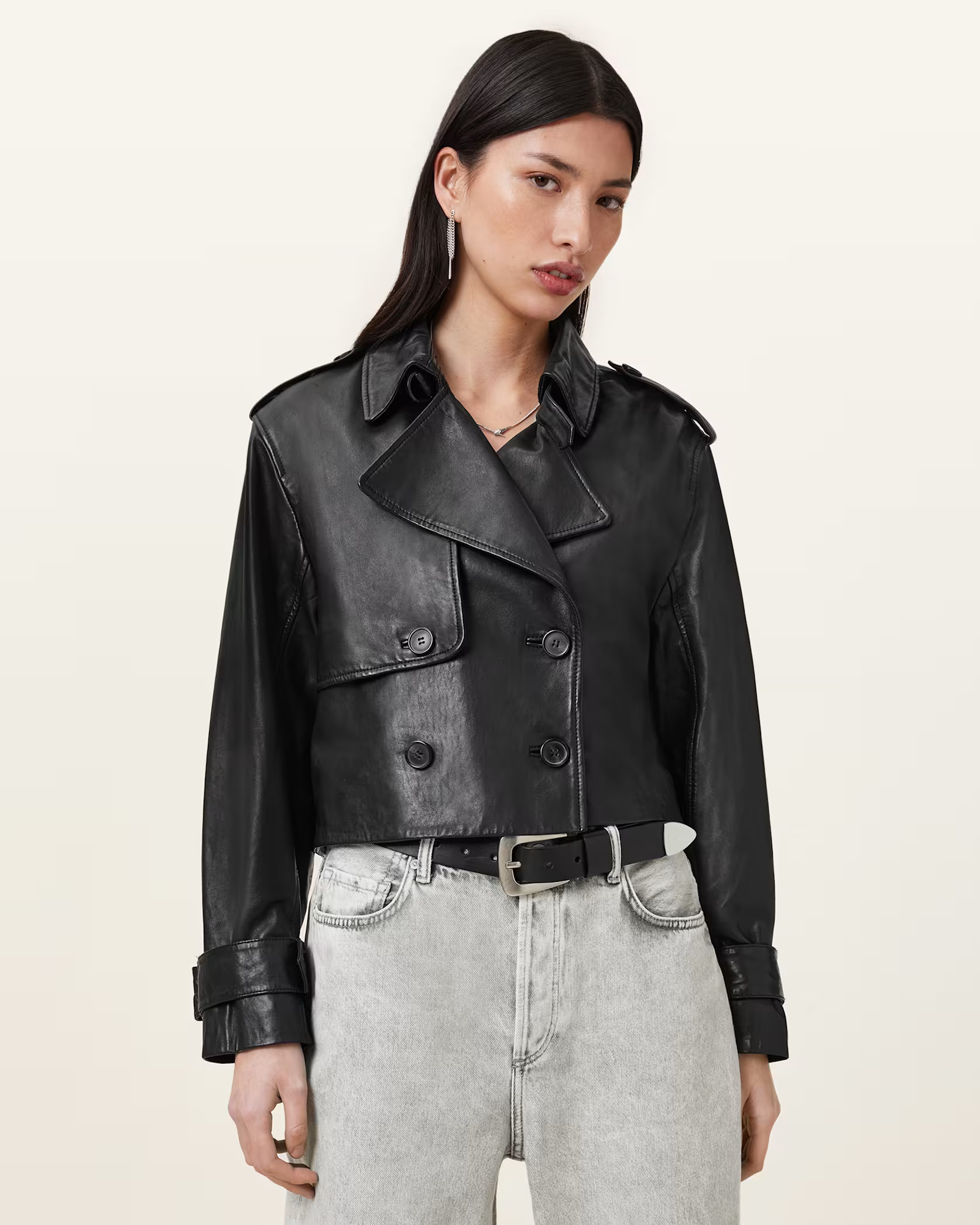 Hendry Cropped Leather Trench Coat | AllSaints UK