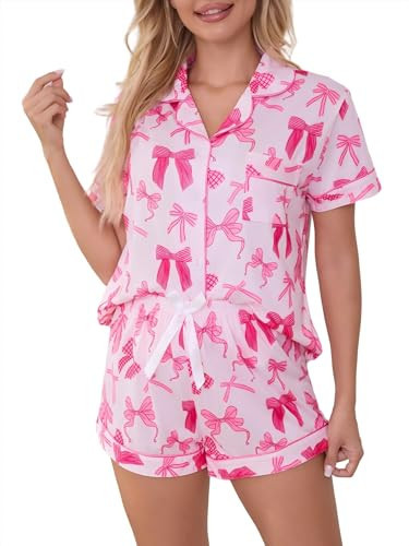 SMENYITRA Cute Pj Bow Pajamas Sets for Women 2 Piece Button Up Short Sleeve Comfy Summer Lounge Sleepwear Pink C Small | Amazon (US)