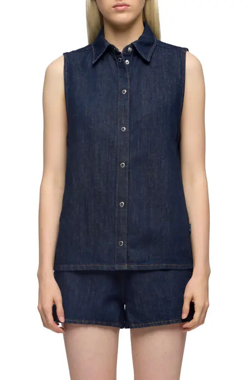 7 For All Mankind Sleeveless Cotton & Linen Denim Snap-Up Shirt in Blossom at Nordstrom, Size Large | Nordstrom