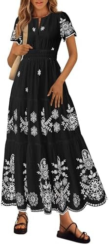 PRETTYGARDEN Boho Dresses for Women 2026 Summer Spring Casual Floral Short Sleeve V Neck Maxi Ela... | Amazon (US)