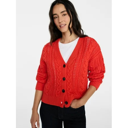 Time and Tru Women's Cable Knit Cardigan Sweater with Long Sleeves, Lightweight, Sizes XS-XXXL | Walmart (US)