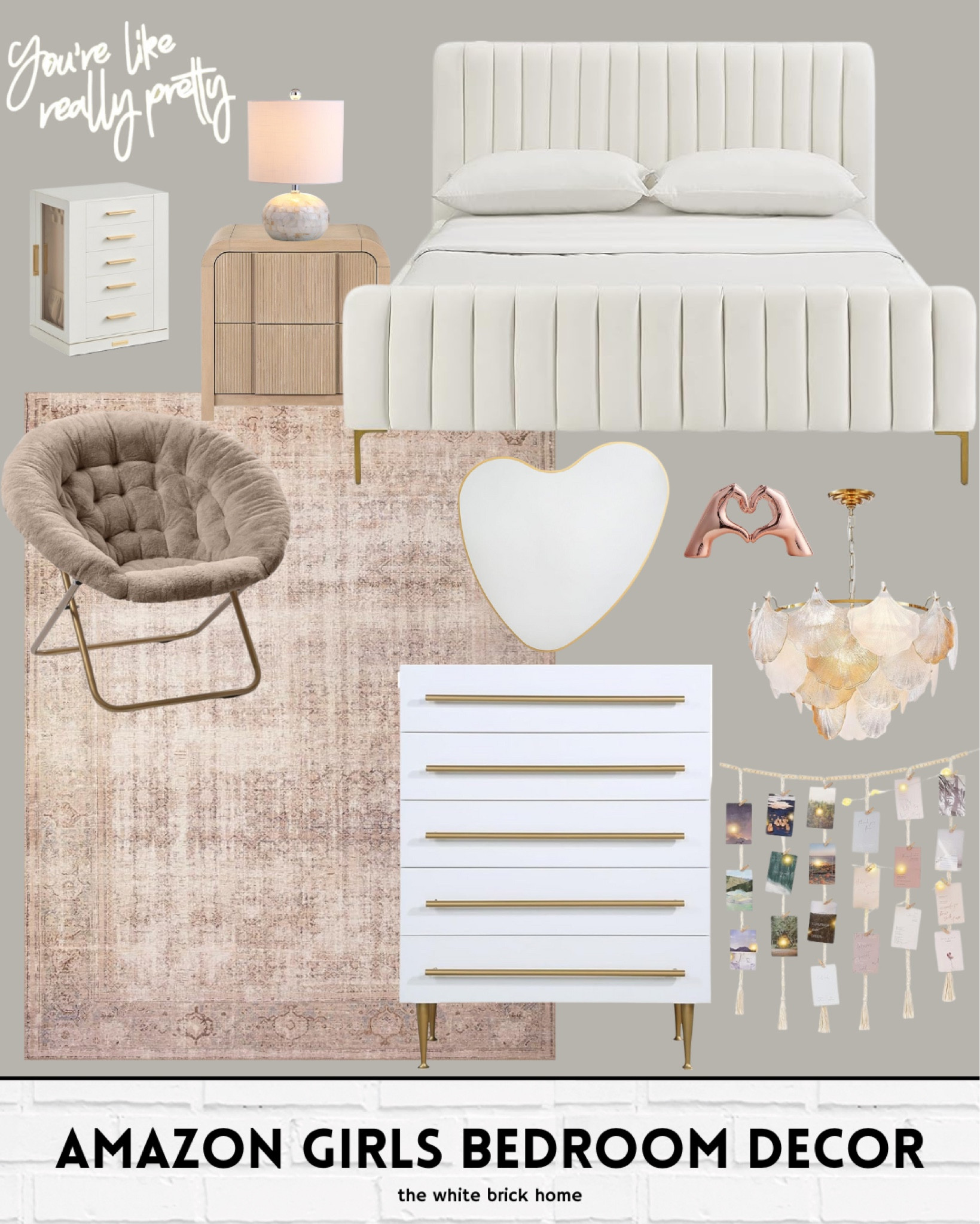 I love this Amazon bedroom design - it’s chic and a modern way to add a little blush and rose gold into a girls room! 

Girls room, girls bedroom, girls bedroom decor, girls bedroom ideas, Amazon, Amazon home, Amazon home decor, Amazon girls bedroom, Amazon bedroom furniture, Amazon home, teen girl, teen girls bedroom, teen girls room, bedroom, bed, modern white bed, rose gold bedroom, dresser, white and gold dresser, chandelier, Capiz chandelier, table lamp, teen girl chair, girls bedroom chair, table lamp, Capiz lights, nightstand, girls room modern, budget friendly bedroom, budget friendly girls decor. 

#LTKFindsUnder100 #LTKHome #LTKKids