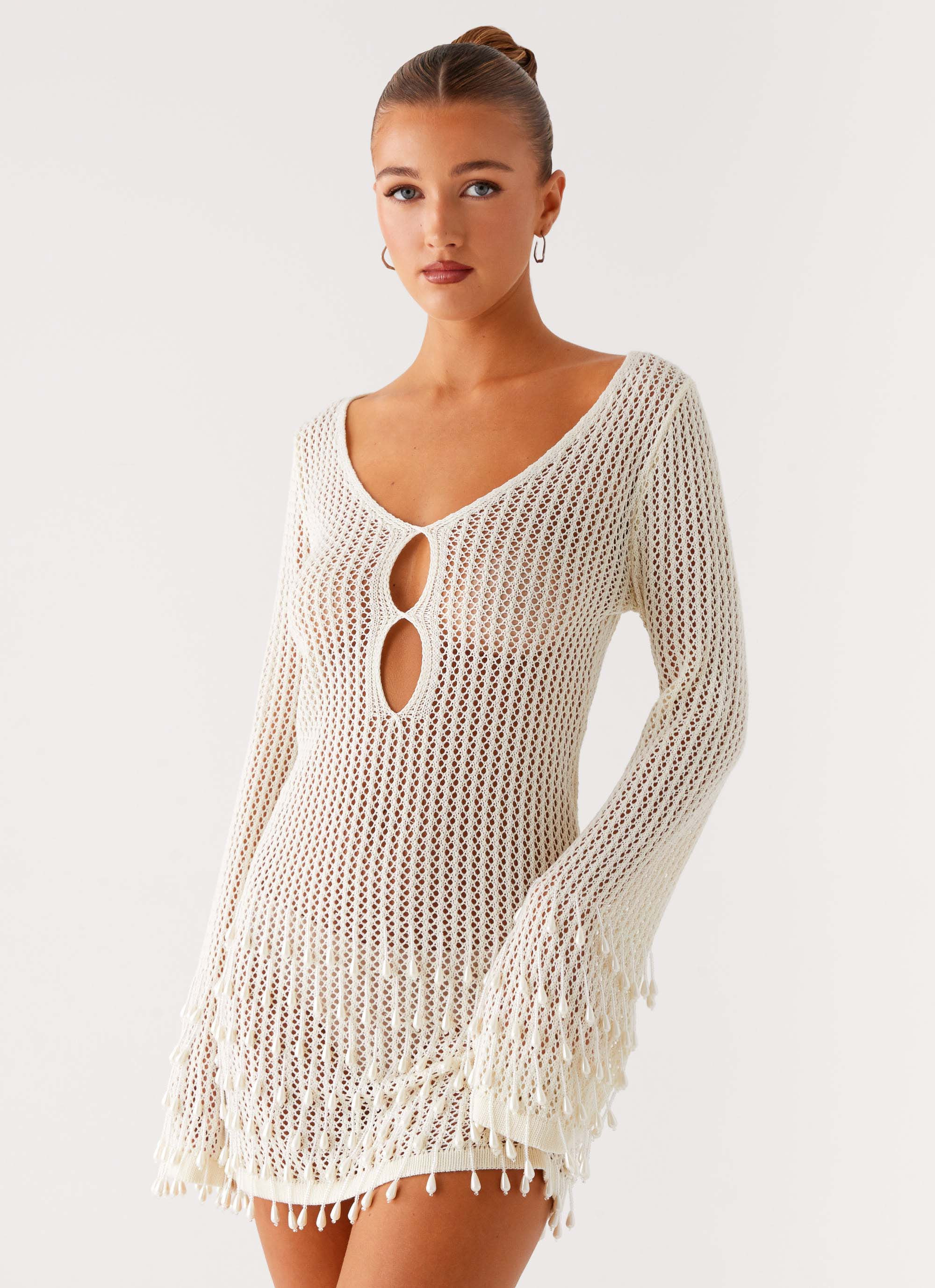 Majestic Beaded Crochet Mini Dress - Ivory | Peppermayo (Global)