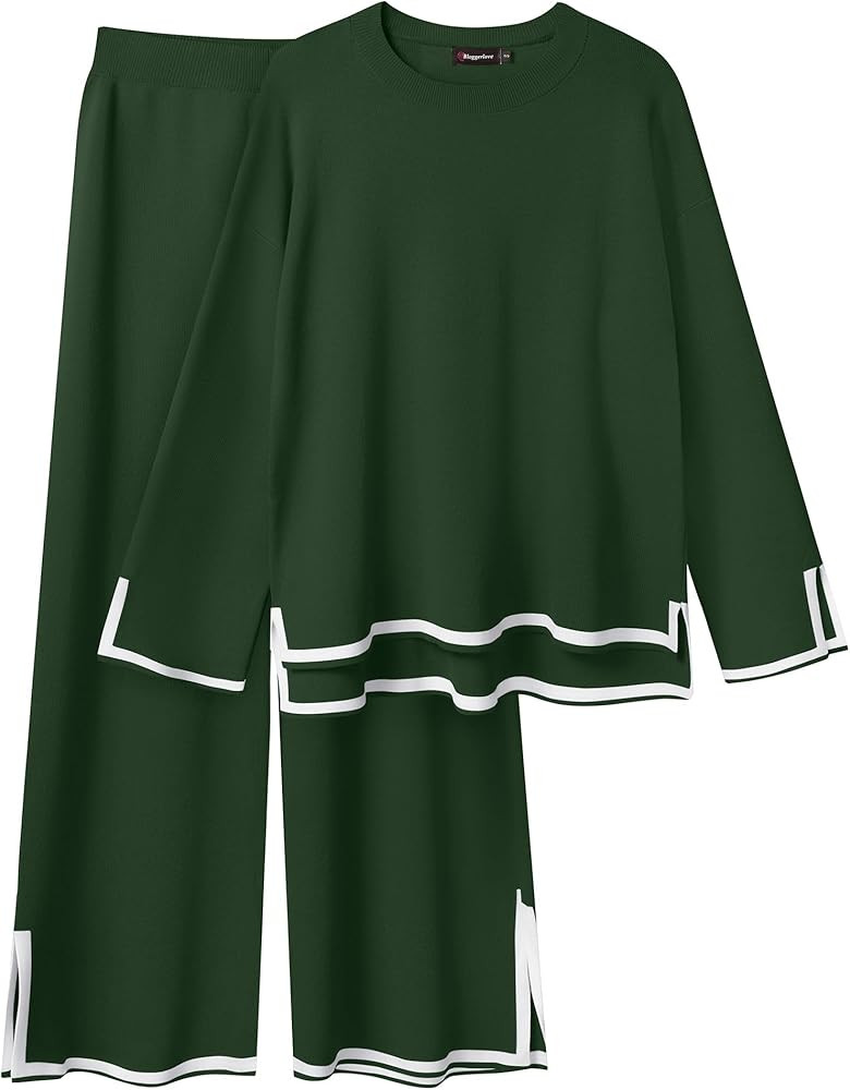 Bloggerlove Women's Knit 2 Piece Sweater Sets Long Sleeve Pullover Tops Elastic Waist Wide Leg Pa... | Amazon (US)
