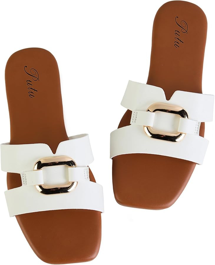 Putu Women's Flat Sandals Square Open Toe Slide Sandals Casual Summer Sandals with Metallic Buckl... | Amazon (US)