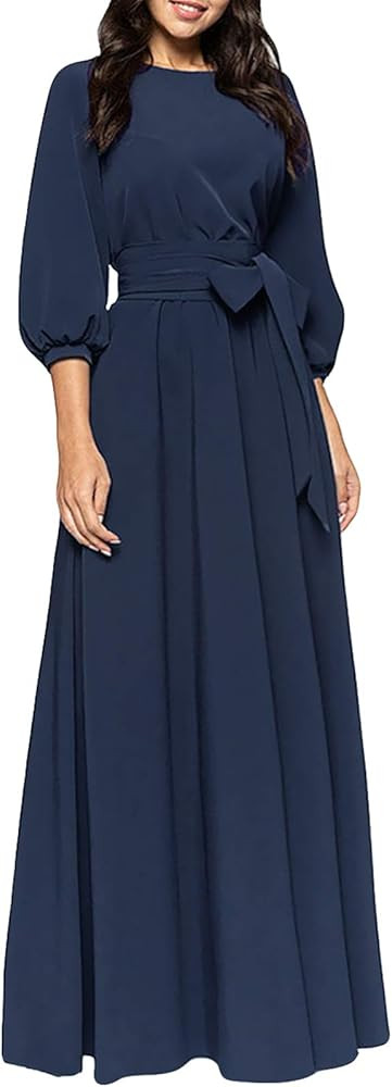 AOOKSMERY Women Elegance Audrey Hepburn Style Round Neck 3/4 Puff Sleeve Swing Maxi Dress Long Be... | Amazon (US)
