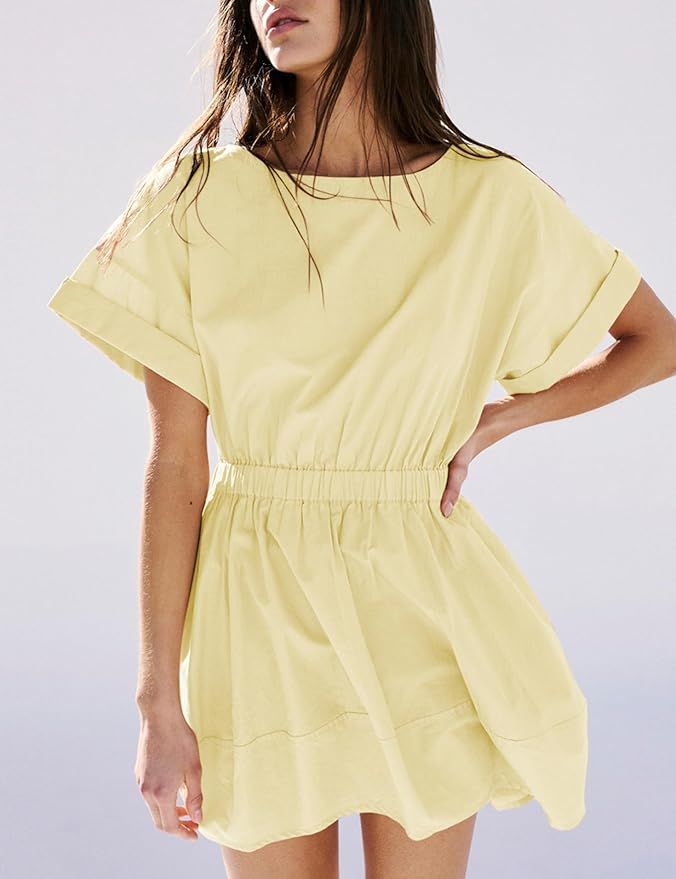 Womens Casual Summer Mini Dress Crew Neck Short Sleeve Elastic Waistband Sundresses with Pockets | Amazon (US)