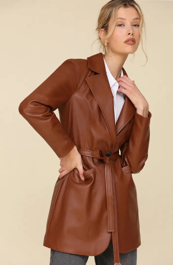 Faux-Ever Leather™ Strong Shoulder Belted Blazer | Nordstrom