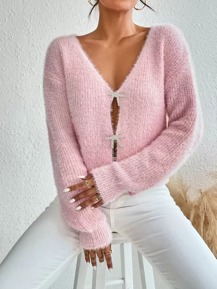 SHEIN Qutie Rhinestone Detail Fluffy Knit Drop Shoulder Cardigan | SHEIN