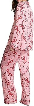 Womens Christmas Pjs Sets 2 Piece Outfits Cute Santa Graphic Print Button Up Shirt Pants with Bow... | Amazon (US)