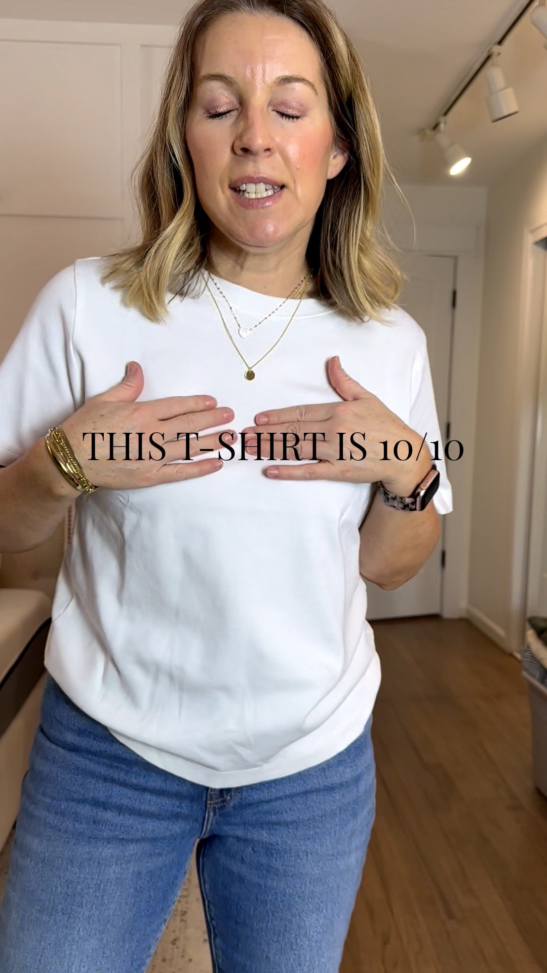 In a medium. Could wear a small. Haven’t washed it yet. The most polished, buttery soft goodness t shirt I’ve ever felt! Double lined, quality! Perfect for layering or wearing alone and such a crisp white! 

#LTKWorkwear #LTKFindsUnder50 #LTKootd