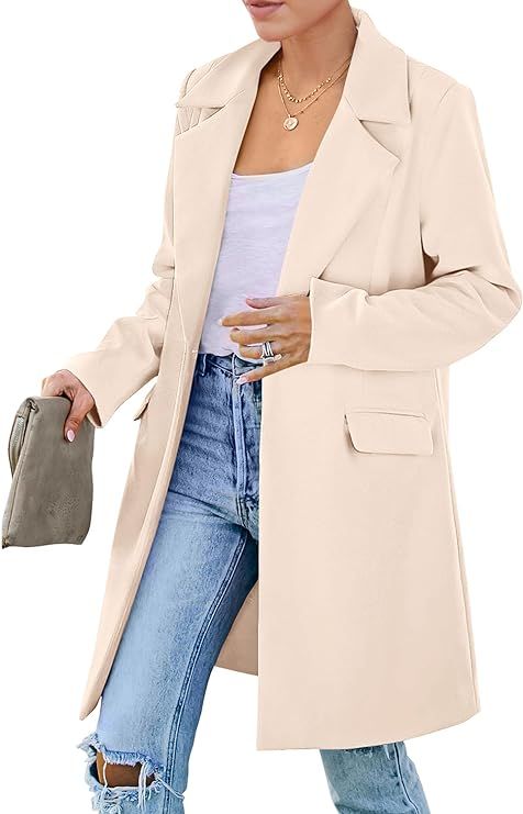 PRETTYGARDEN Women's 2024 Fall Long Blazer Jackets Long Sleeve Lapel Pockets Loose Fit Work Casua... | Amazon (US)