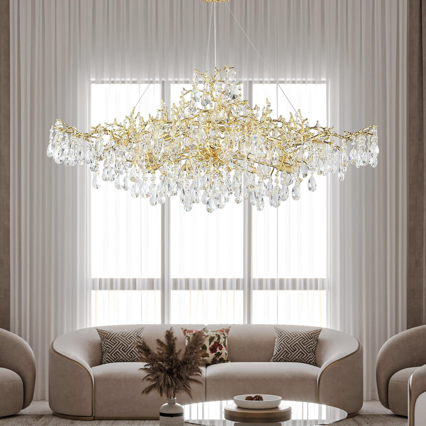 YUYI Modern Crystal Chandelier, 47" Gold Tree Branch Chandelier, 14-Light Rectangular Chandeliers... | Amazon (US)