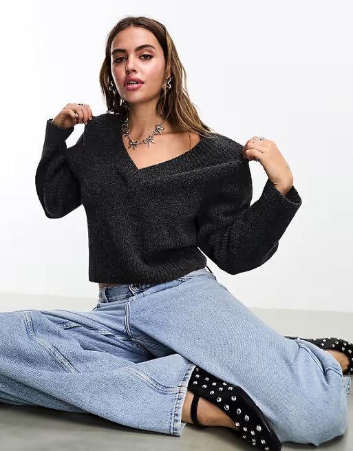 Monki v neck knitted sweater in dark grey melange | ASOS (Global)