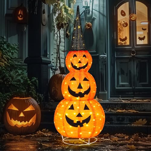 VINGLI 5FT Cute Collapsible Lighted Halloween Decorations Outdoor, Pop Up Halloween Pumpkin Decorations, Light Up Pumpkin with Pre-lit 100 LEDs, for Porch Yard Lawn Patio | Amazon (US)