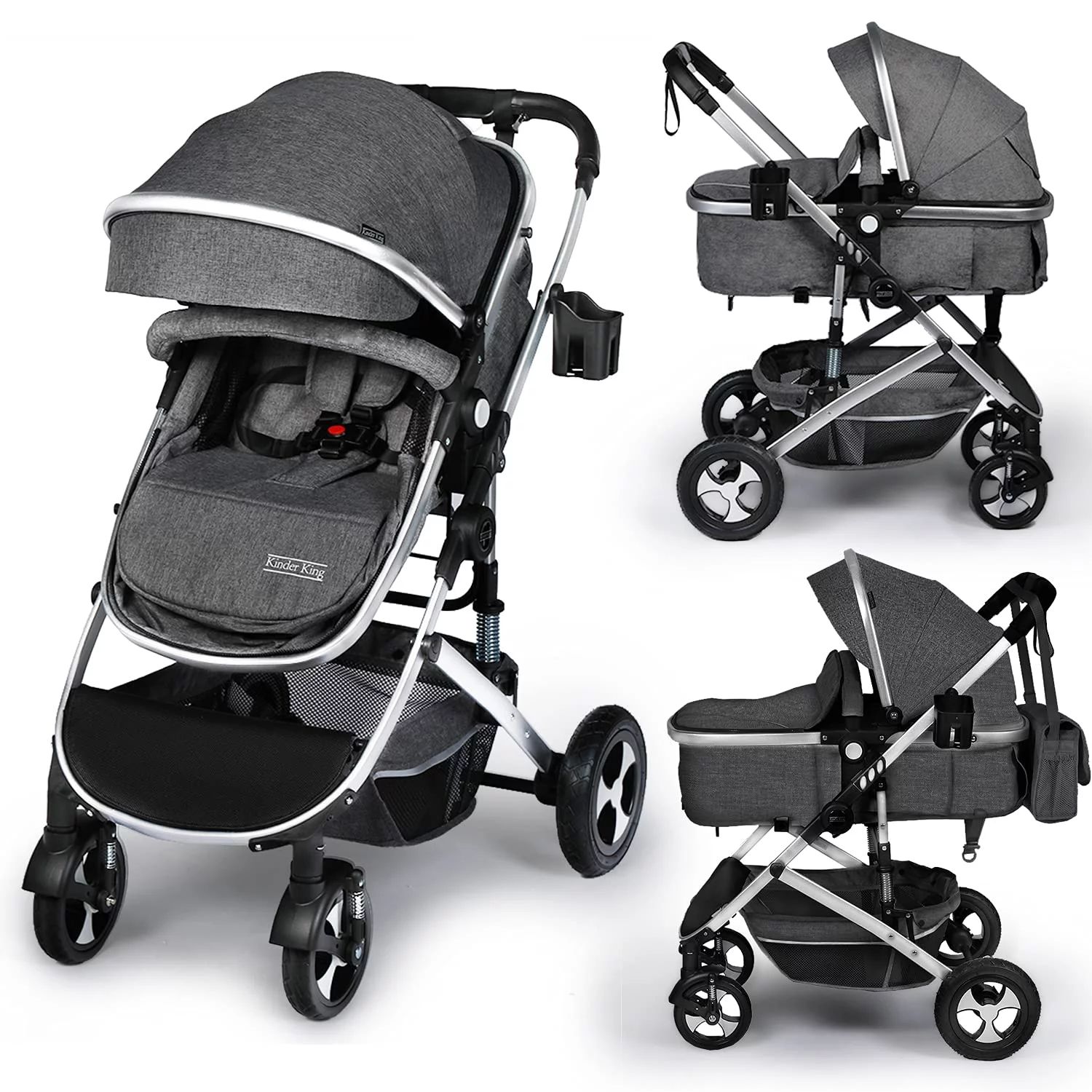 Kinder King 2 in 1 Convertible Baby Stroller, Folding Infant Newborn Reversible Bassinet Pram, Da... | Walmart (US)