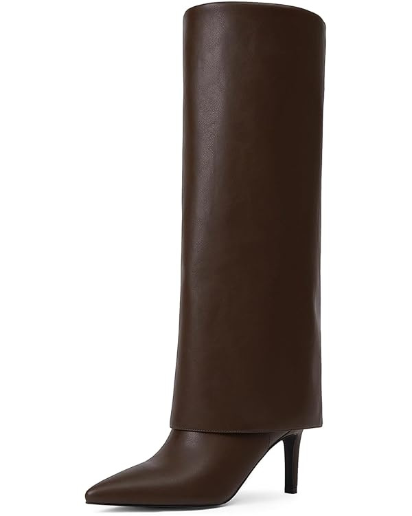 Knee High Boots Women Fold Over Boots Pointed Toe Stiletto Heel Long Shark Tall Boots with Zipper | Amazon (US)