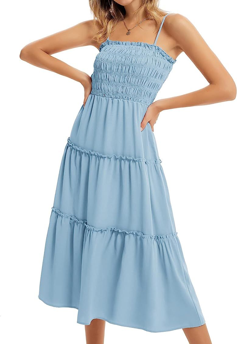 GRACE KARIN Womens Spaghetti Strap Shirred Smocked Babydoll Dress | Amazon (US)