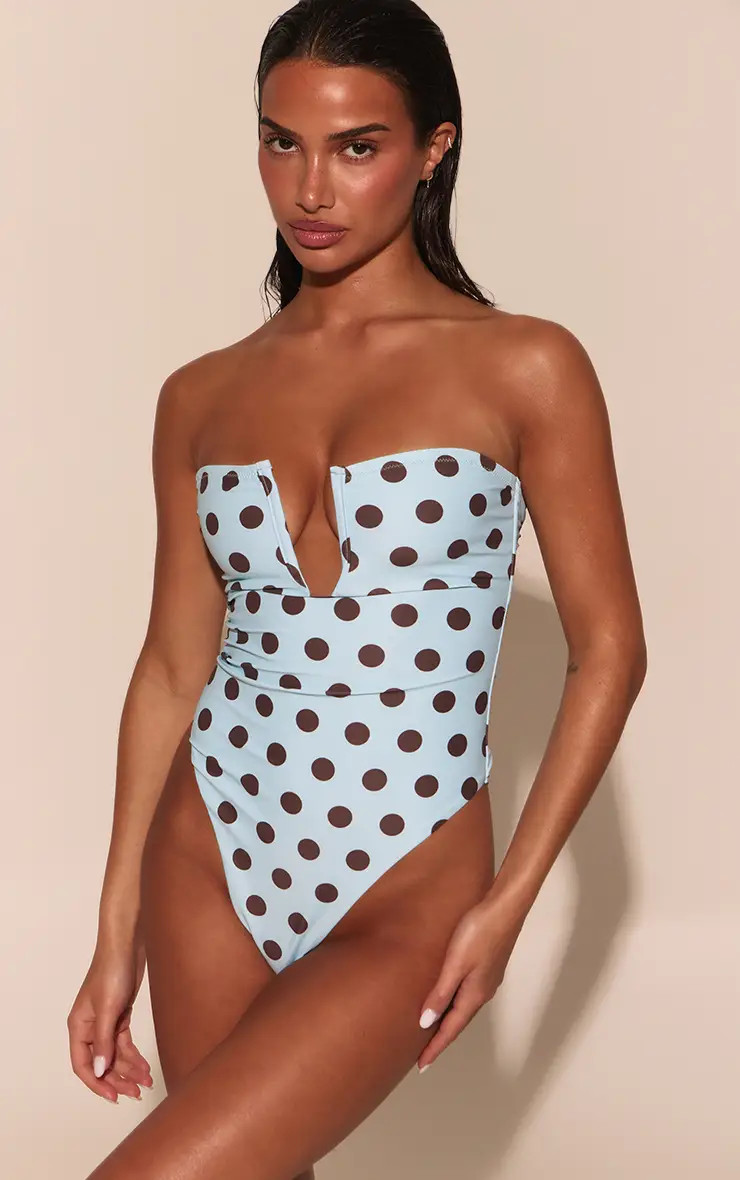 Mint Polka Dot Print U Bar Bandeau Swimsuit | PrettyLittleThing | PrettyLittleThing UK