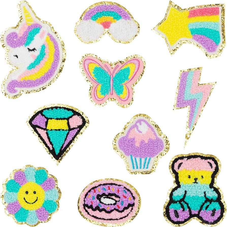 10Pcs Colorful Chenille Iron on Patches, Kids Iron on Knee Patches Cute Unicorn Butterfly Bear Em... | Amazon (US)