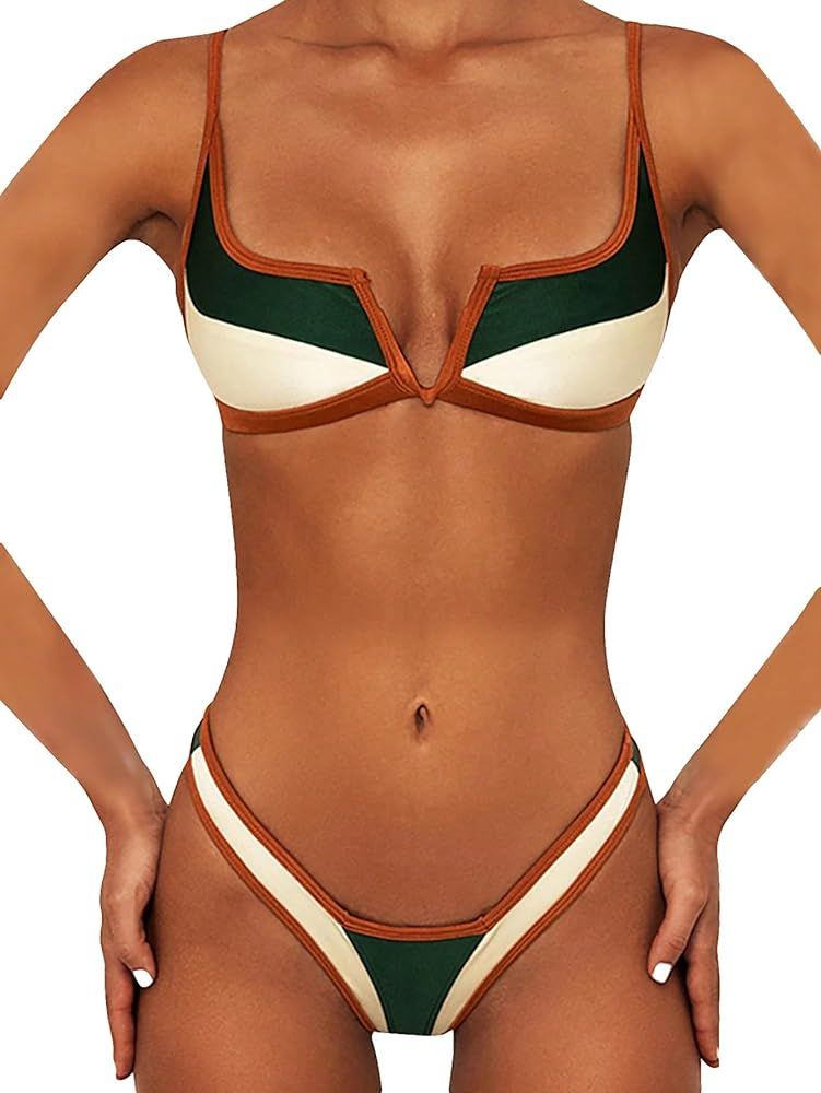Milumia Women's 2 Piece High Cut Bikini Swimsuits Color Block Notched Bathing Suits | Amazon (US)