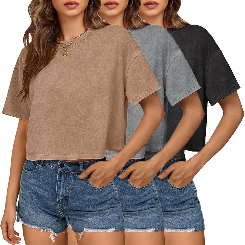 Womens Cropped Tops Acid Wash Short Sleeve T-Shirt Baggy Cotton Tee Vintage Round Neck Basic Tees... | Amazon (US)