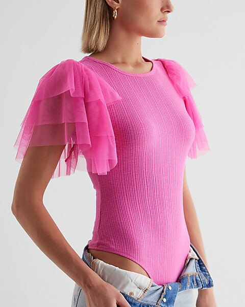 Fitted Ribbed Tulle Flutter Sleeve Bodysuit | Express
