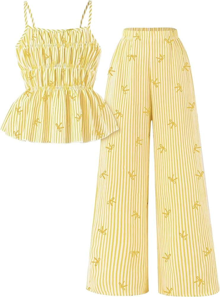 Tween Girls Clothes Summer 2 Piece Outfit Set Ruffle Cami Top Wide Leg Pants with Pockets Size 8-... | Amazon (US)