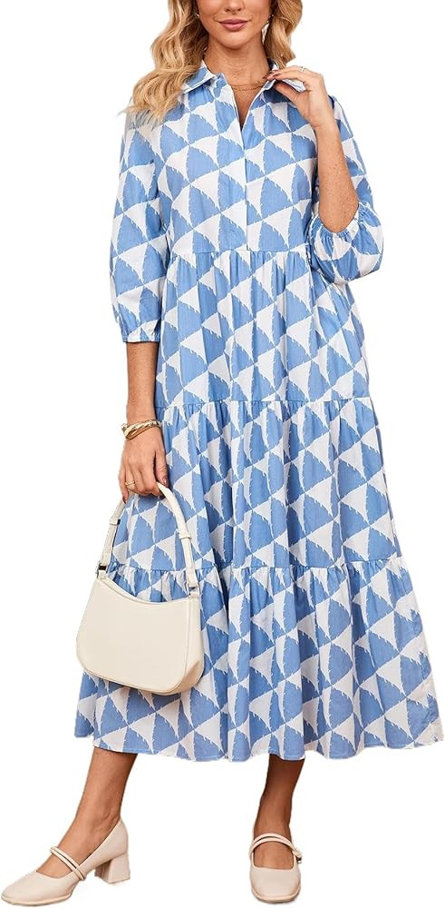 Women's Button Down Maxi Shirt Dress Collared 3/4 Sleeve Plaid Long Dress Casual Flowy V Neck Tie... | Amazon (US)
