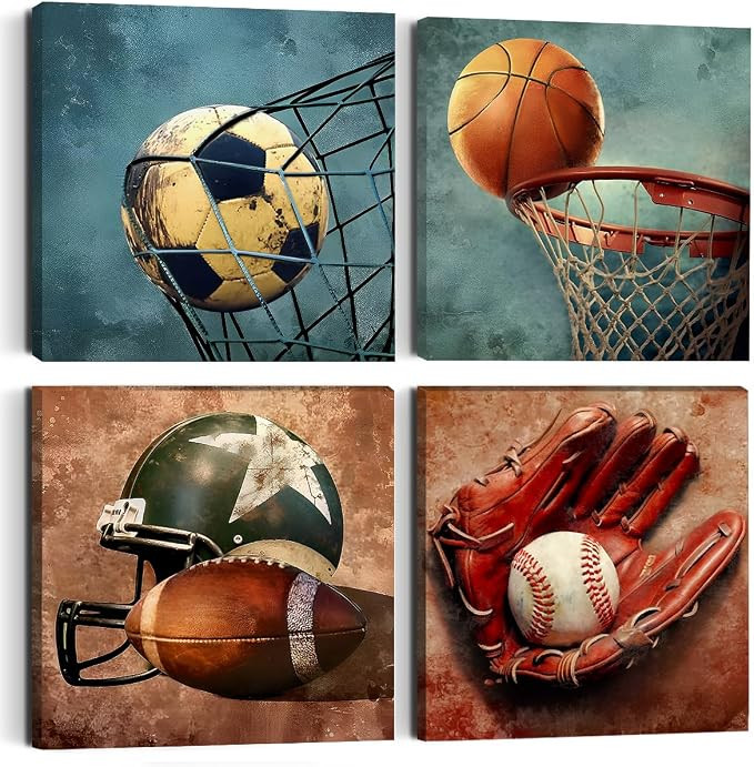 4PC Sports Canvas Wall Art Framed Boys Room Decor Rustic Football Baseball Basketball Soccer Wall... | Amazon (US)