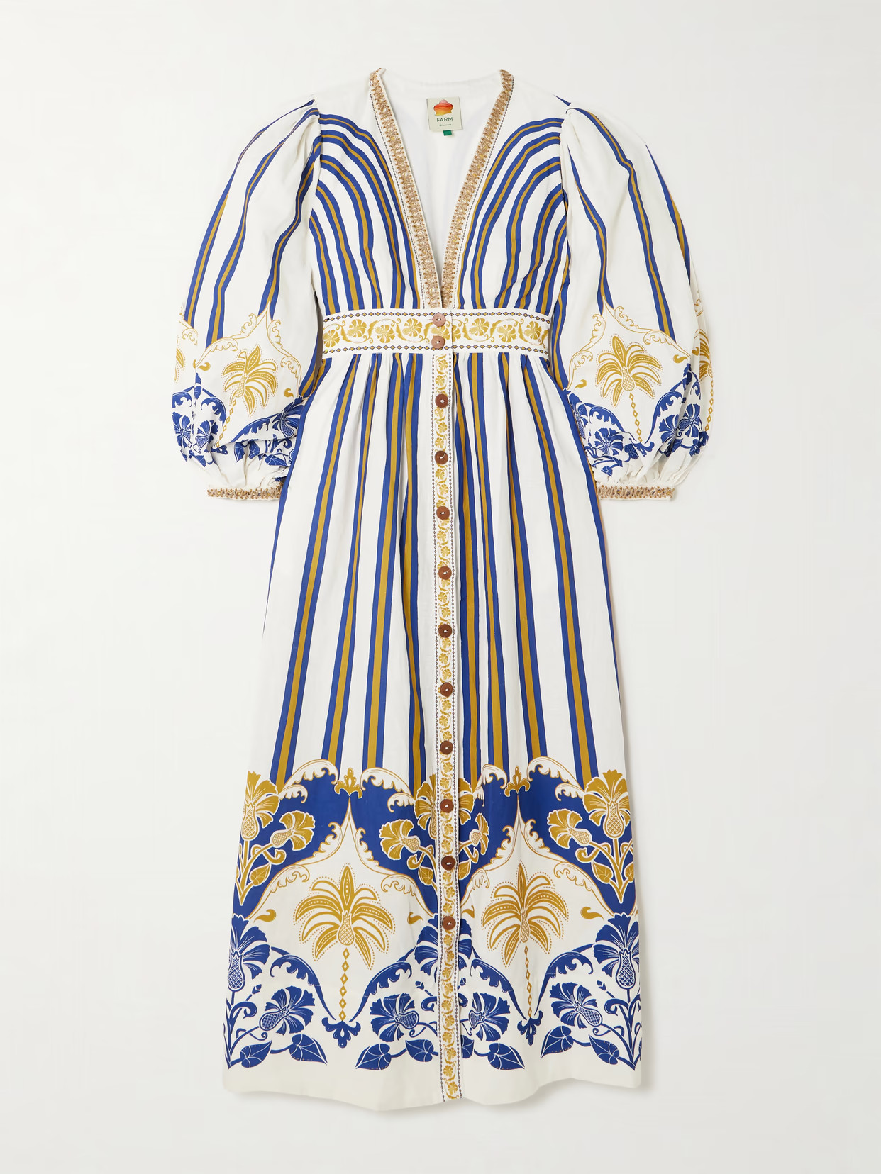 Farm Rio - Embellished Printed Linen-blend Midi Dress - Off-white | NET-A-PORTER (US)