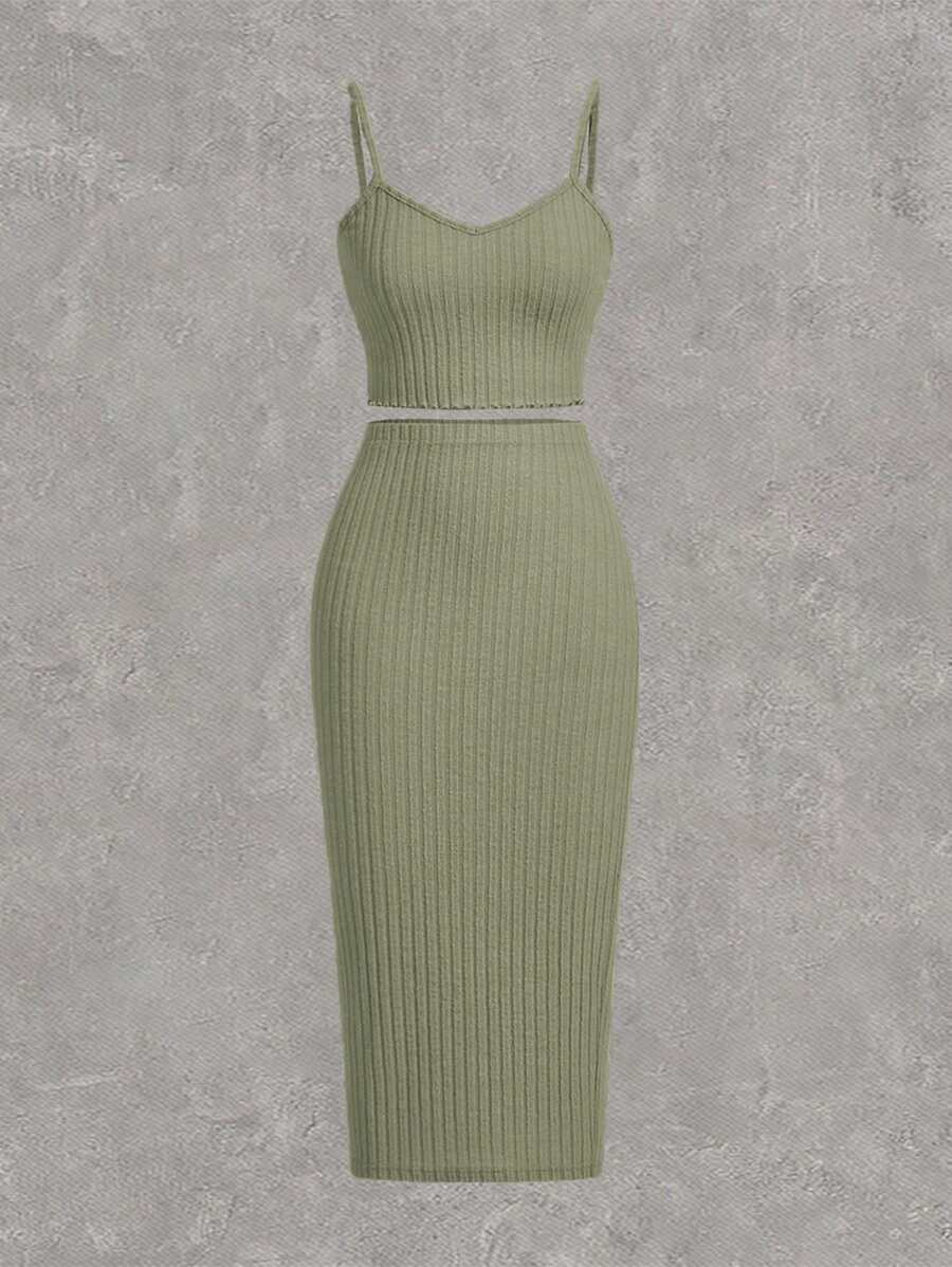 SHEIN EZwear Green Knitted Women Tank Top And Shorts Set | SHEIN